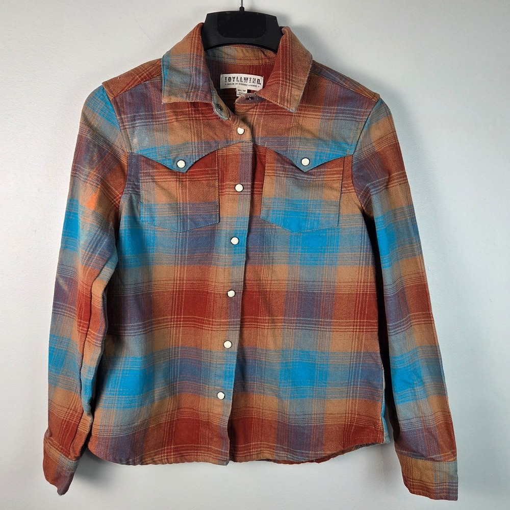 Idyllwind Flannel Shirt Womens XS Orange Blue Pearl Snap Western Plaid